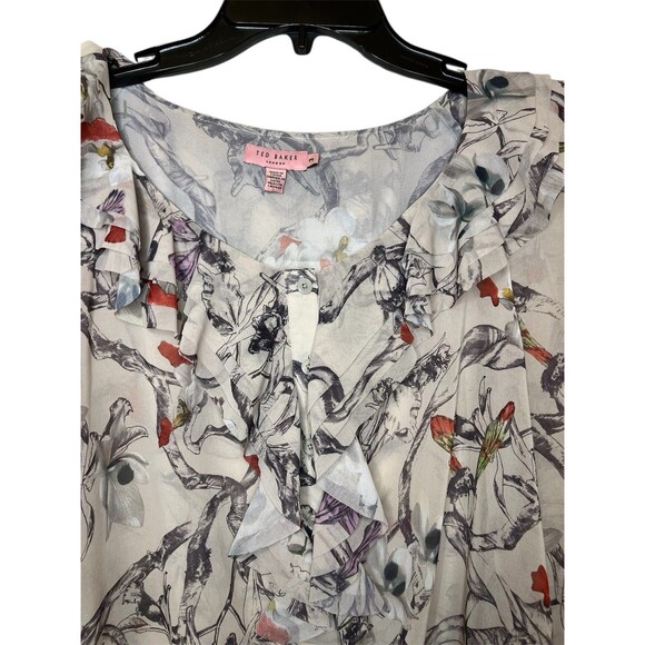 TED BAKER Cream Flower Fairy Print Ruffled Sheer Blouse Fairycore Size 3 (Med) - Picture 3 of 7
